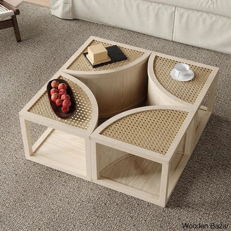 Versatile 4-Piece Modular Coffee Table in White Oak and Rattan with Storage