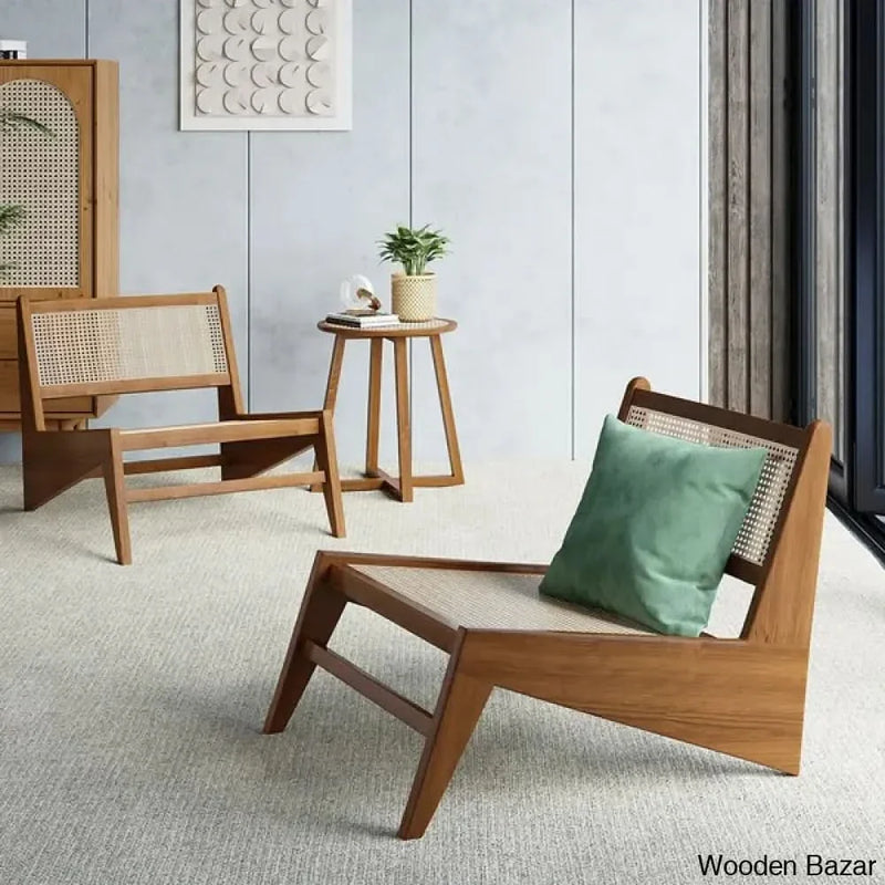 Walnut Rattan and Wood Lounge Chair Accent Chair for Living Room - Craft Decor