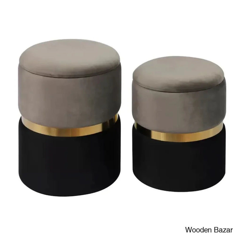 Wide Velvet Round Ottoman Stool with Storage (Set of 2)