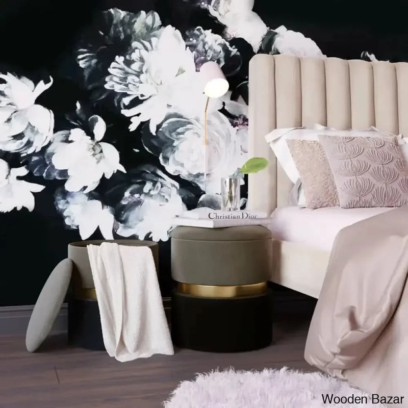 Wide Velvet Round Ottoman Stool with Storage (Set of 2)