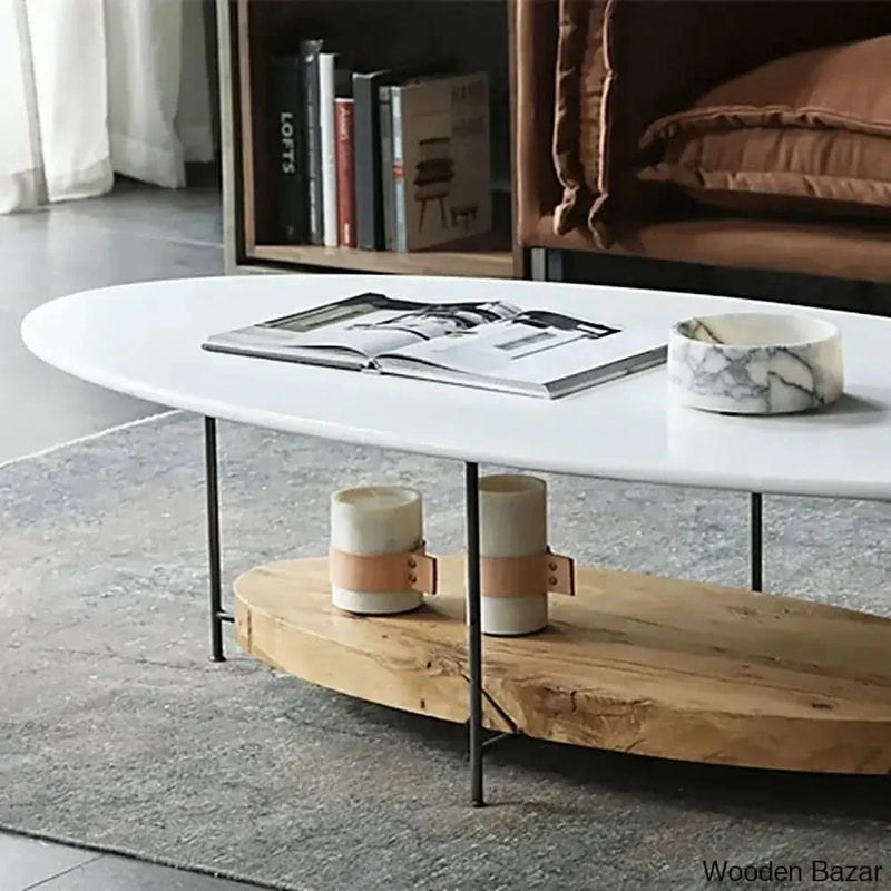 Craft Decor 39" Modern White & Natural Oval Coffee Table with Storage Shelf Light Wood and Metal