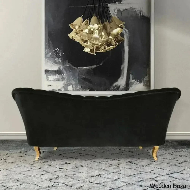 Wooden Bazar Black Velvet Upholstered Sofa Channel Tufted 3-Seater Sofa in Gold