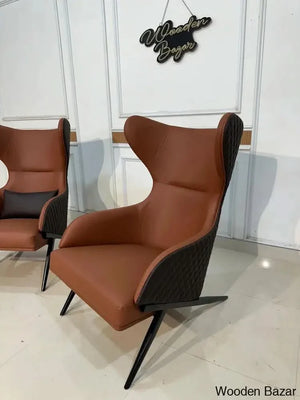 Craft Decor Faux Leather Wingback Lounge Chair With Gold Trestle Base Light Brown And Dark