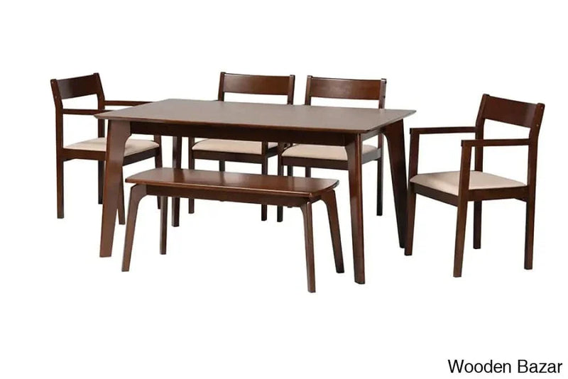 Craft Decor Helene Mid-Century Modern Cream Fabric and Dark Brown Finished Wood 6-Piece Dining Set