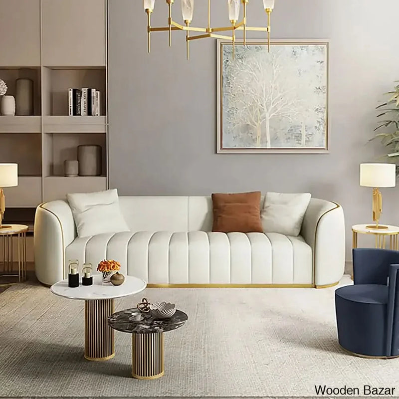 Wooden Bazar Modern Faux Leather Upholstered 3-Seater Sofa with Gold Legs
