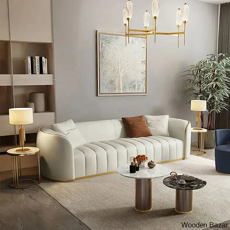 Wooden Bazar Modern Faux Leather Upholstered 3-Seater Sofa with Gold Legs