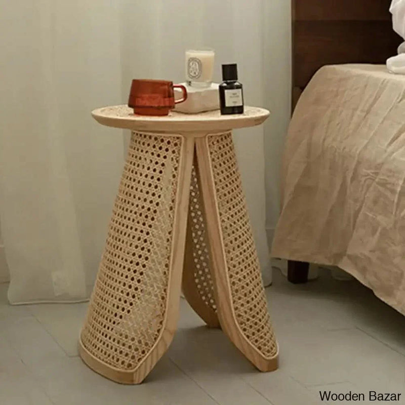 Craft Decor Rattan & Ash Wood Side Table Indoor Natural End Table