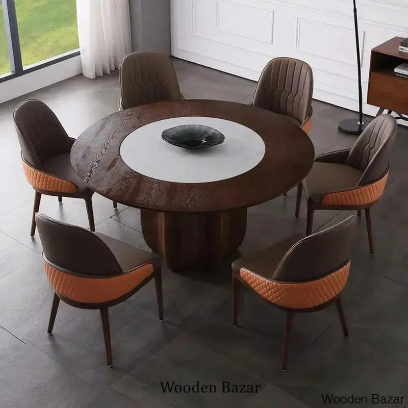 Wooden Dining Table With Marble Top and Walnut Finish - Craft Decor
