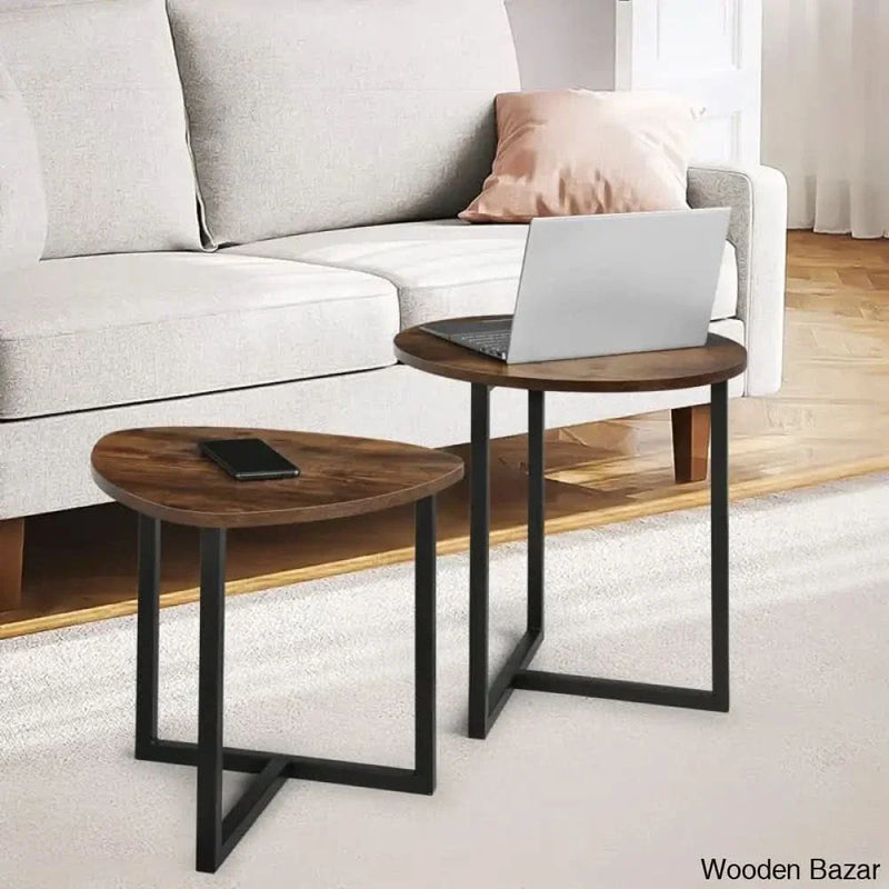 Zenin Modern 2 Piece Nesting Coffee and Center Table Set With Wood Grain Top Metal Legs