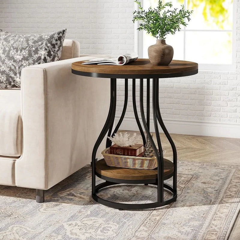 Rollix 2-Tier Faux Marble Round End Side Table with Stylish Metal Frame
