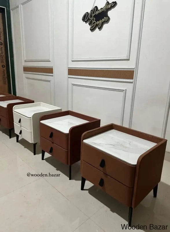 2 Drawers Faux Leather Bedside Table with Sintered Stone Top