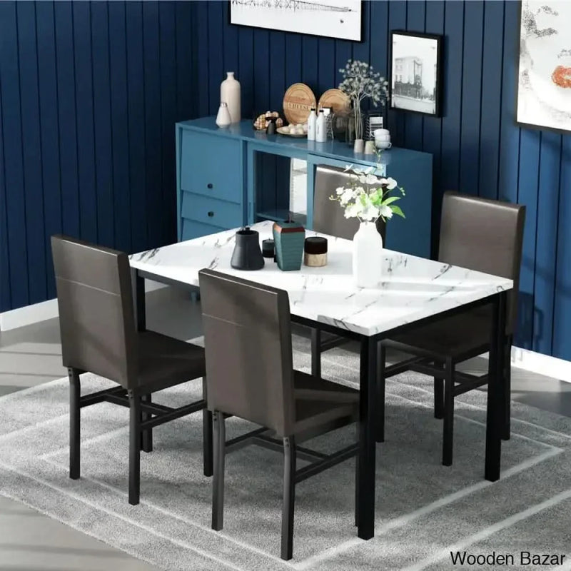 4 Seater Faux Marble Top Dining Set - Craft Decor White