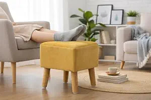 Velvet Cube Ottoman | Seating Stool for Living Room | Soft Cushioned Footrest Stool with Durable Wooden Legs | Multipurpose Seating, Side Table &amp; Pouffe Home Décor, 12x12x12 inch (Yellow)