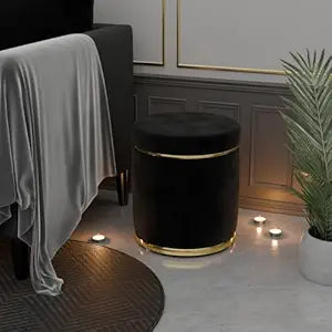 Upholstered Velvet Round Dual Strip Ottoman Office Stool Foot Rest Stool Linen Fabric Padded Seat Pouf Ottoman with Round Shape for Living Room (Black)