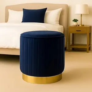 Jaico Stylish Round Accent Ottoman – Plush Upholstered Footstool with Modern Gold-Tone Base (Blue)
