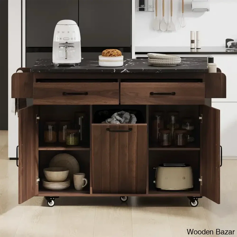 43"W Kitchen Island with Trash Can Compartment and Drop Leaf Kitchen trolley cart cabinet kitchen island with storage