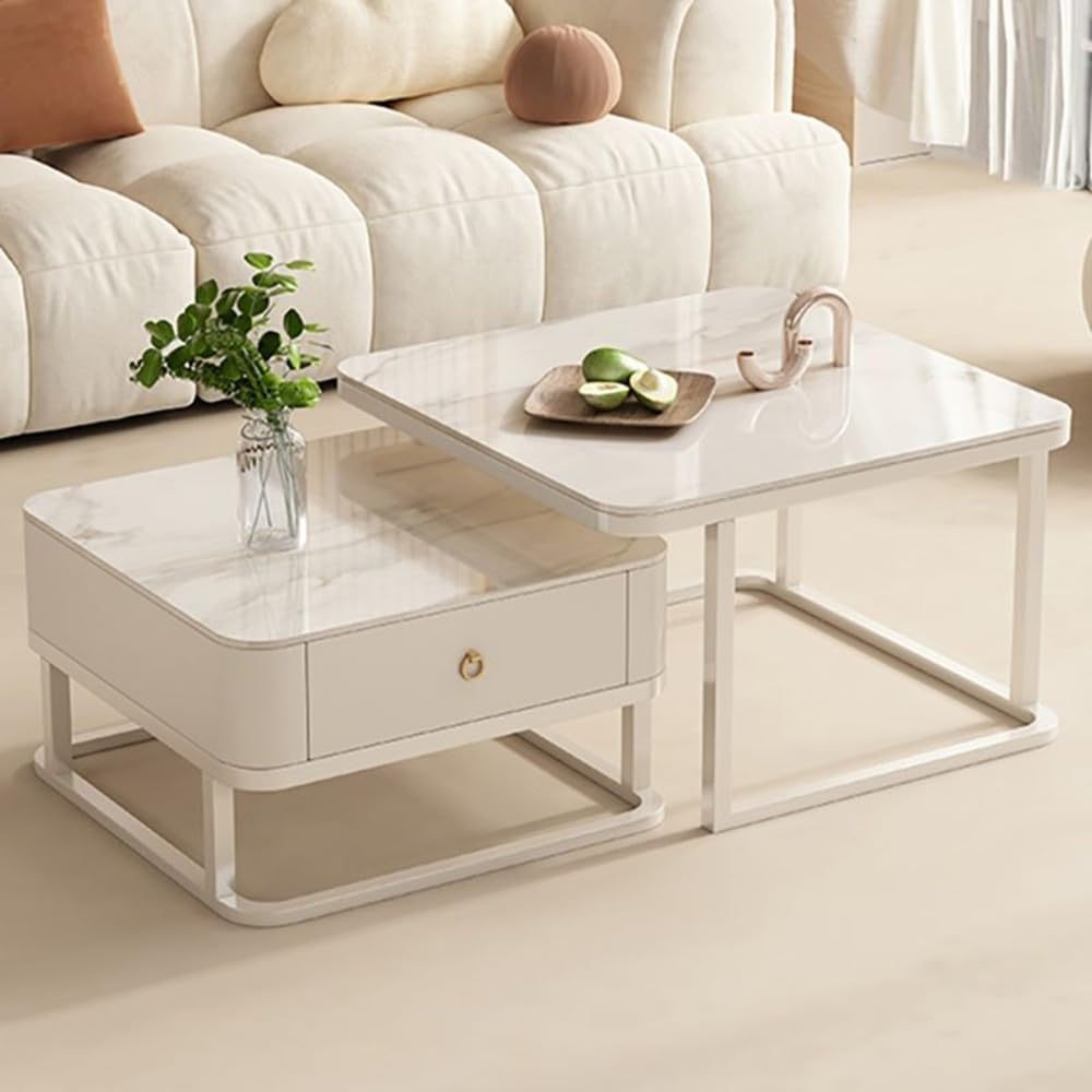 EXPRESSOW ENTERPRISES Metal Frame 20X20 Square Set of 2 Coffee Tables, Stacking Center Tables with Minimalist Marbles Look and Storage Drawer for Living Room Bedroom or Apartments (Golden)