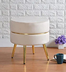 Metalic Ottoman Stool for Living Room Furniture with 4 Golden Leg - Ottoman pouffes for Sitting/Room dcor puffies- Puffy Stool and footstools (17 Inch Height, Offwhite)