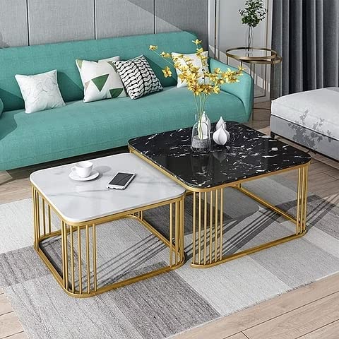 CRAFT DECOR Square 20"x20" Coffee Table Set of 2 Piece, Marble Look Nesting Table/Side Table/Center Table for Living Room/Drawing Room/Balcony
