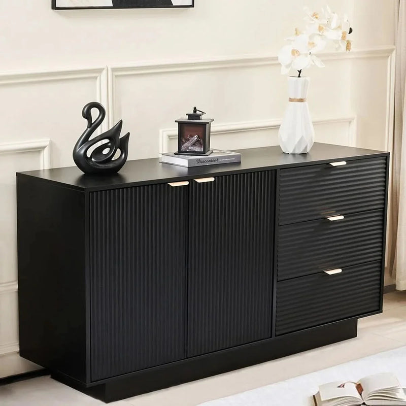 Hynik Modern Fluted Sideboard Buffet Cabinet  Adjustable Shelves