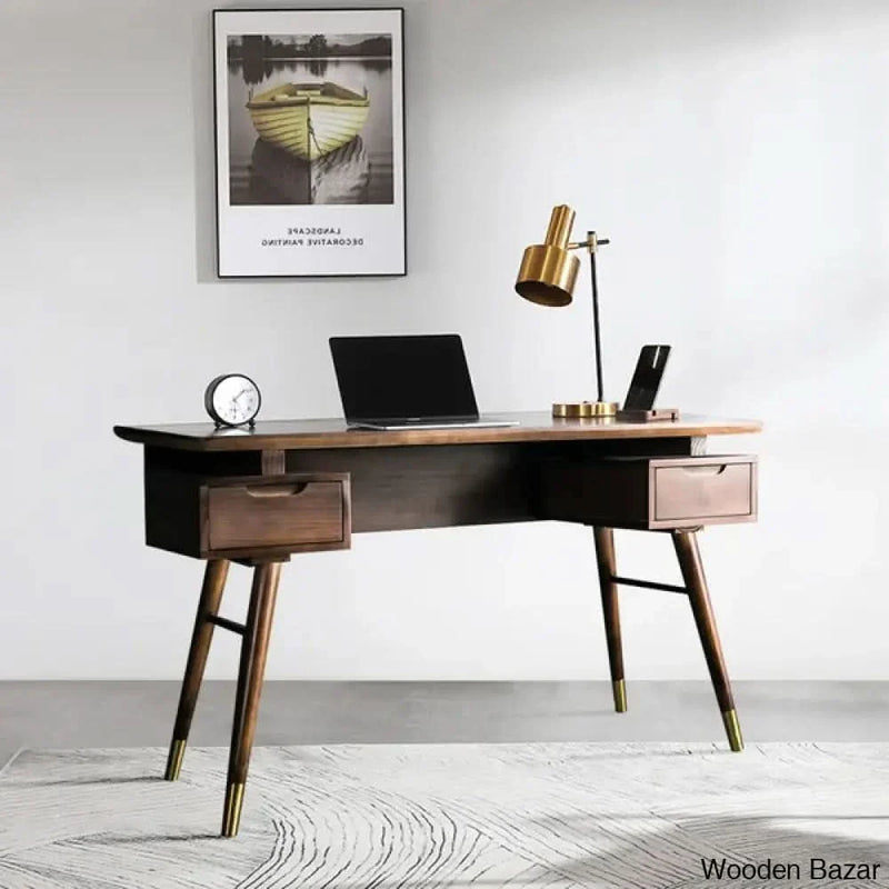 59.1" Mid-Century Modern Walnut Office Desk Wooden Writing Desk with 2 Drawers in Gold - Craft Decor