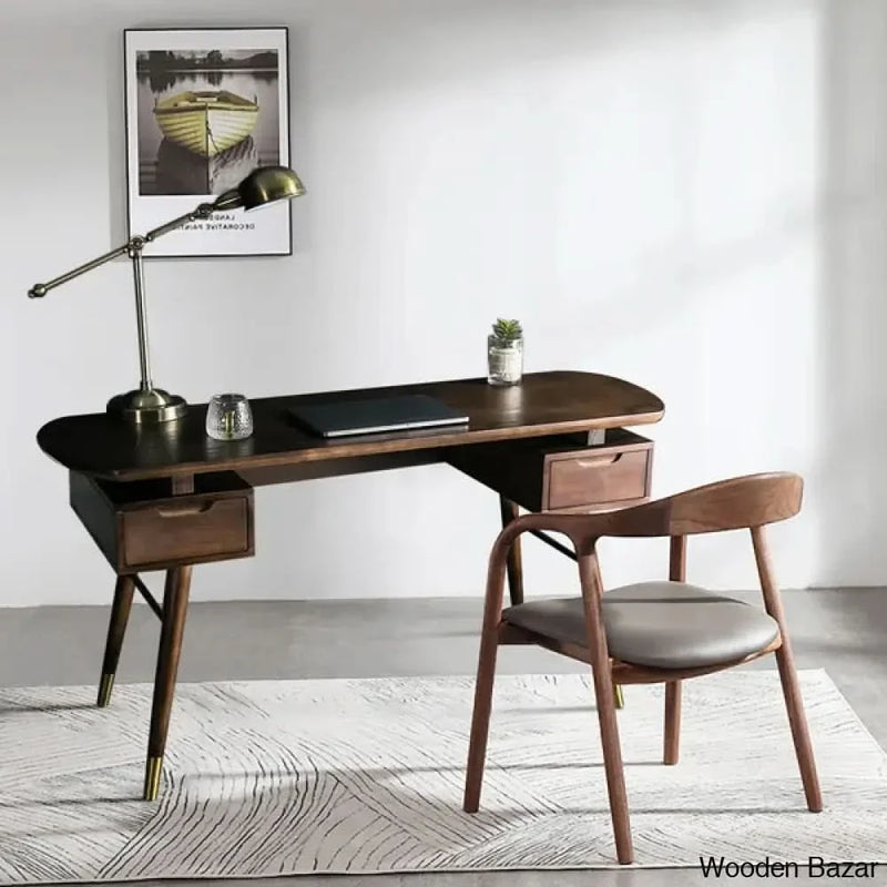 59.1" Mid-Century Modern Walnut Office Desk Wooden Writing Desk with 2 Drawers in Gold - Craft Decor