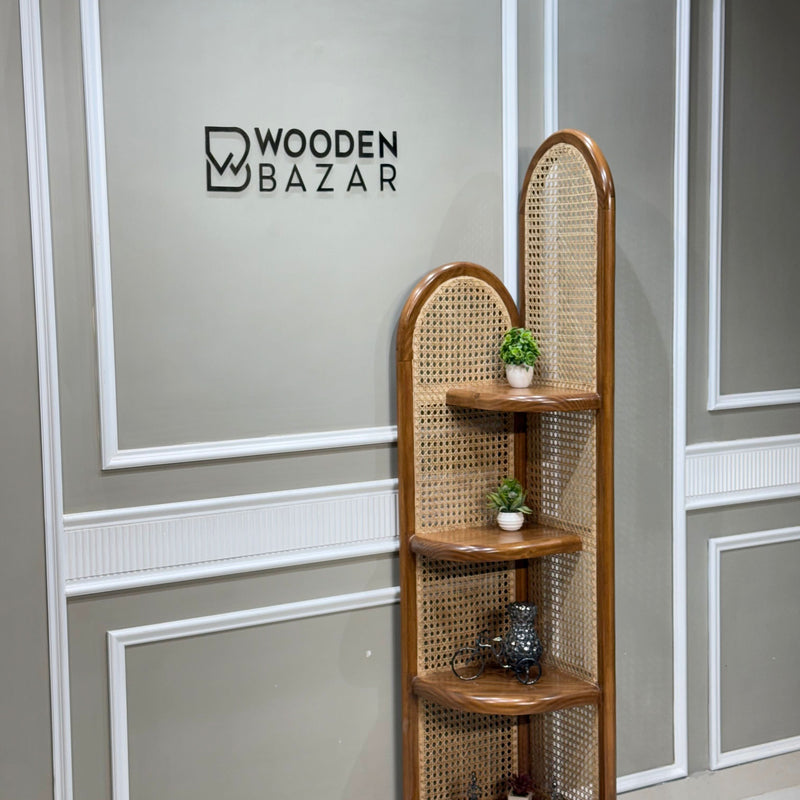 Ele Modern Rattan Corner Cabinet with Wooden Shelves Simple Triangle Storage & Bookshelf for Compact Home Décor