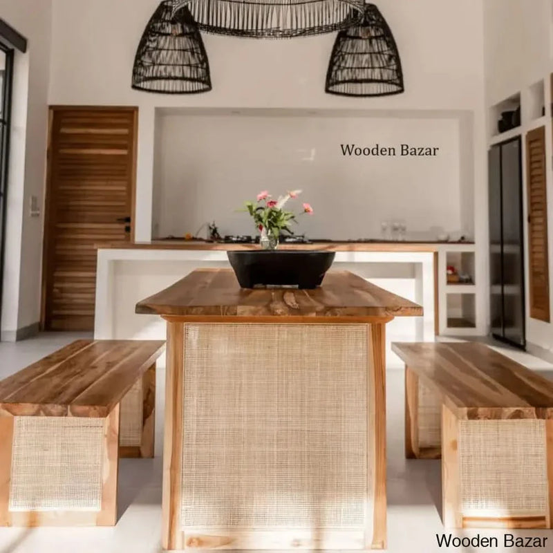 6-SEATER DINING TABLE WITH RATTAN & TEAK WOOD SEATING