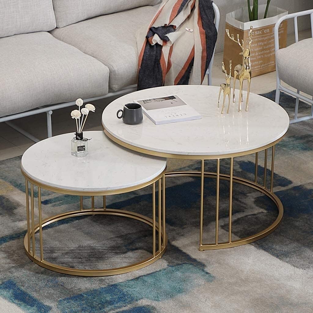 CRAFT DECOR Metal Base Handcrafted Round Coffee/Nesting/Center Table with Marble Finish top for Living Room/Drawing Room/Balcony