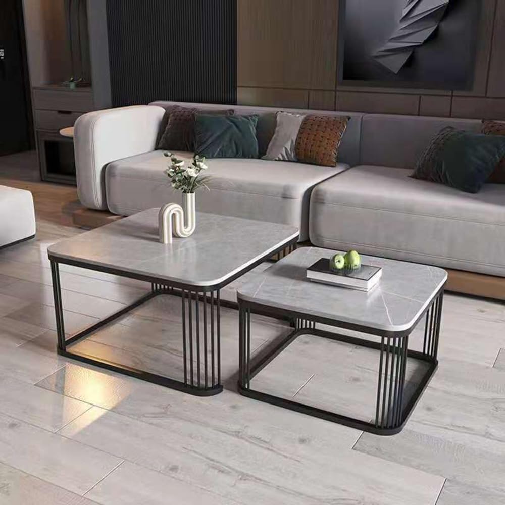 Elegant Iron Frame Handmade Square 20"x20" Coffee Table Set of 2 Piece, Marble Look Nesting Table/Side Table/Center Table for Living Room/Drawing Room/Balcony (Black & Grey)