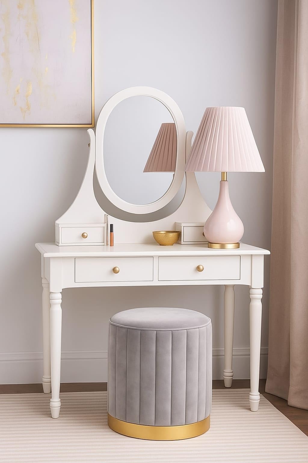 CRAFT DECOR Round Modern Flannel Material Ottoman Foot Rest Vanity Seat with Gold Metal Legs for Bedroom Living Room Vanity Stool Padded Seat Foot Rest Stool