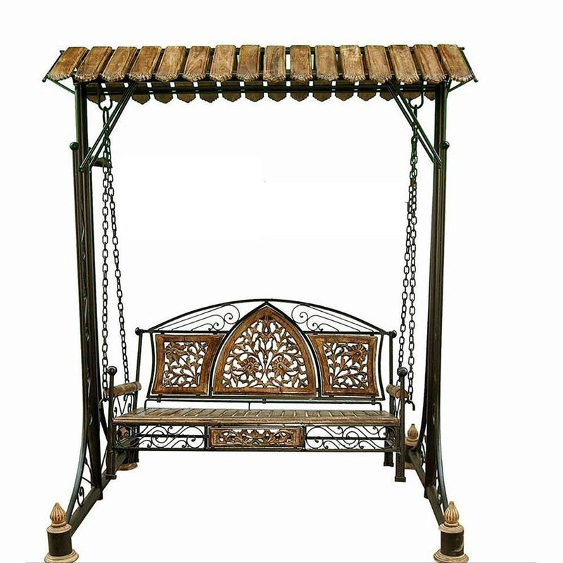 Simran Handicrafts Classic Wood & Craft Adjustable/Foldable Wooden Wrought Iron Swing Jhoola Perfect for Balcony, Garden 76 inches Wide, 82 inches Height
