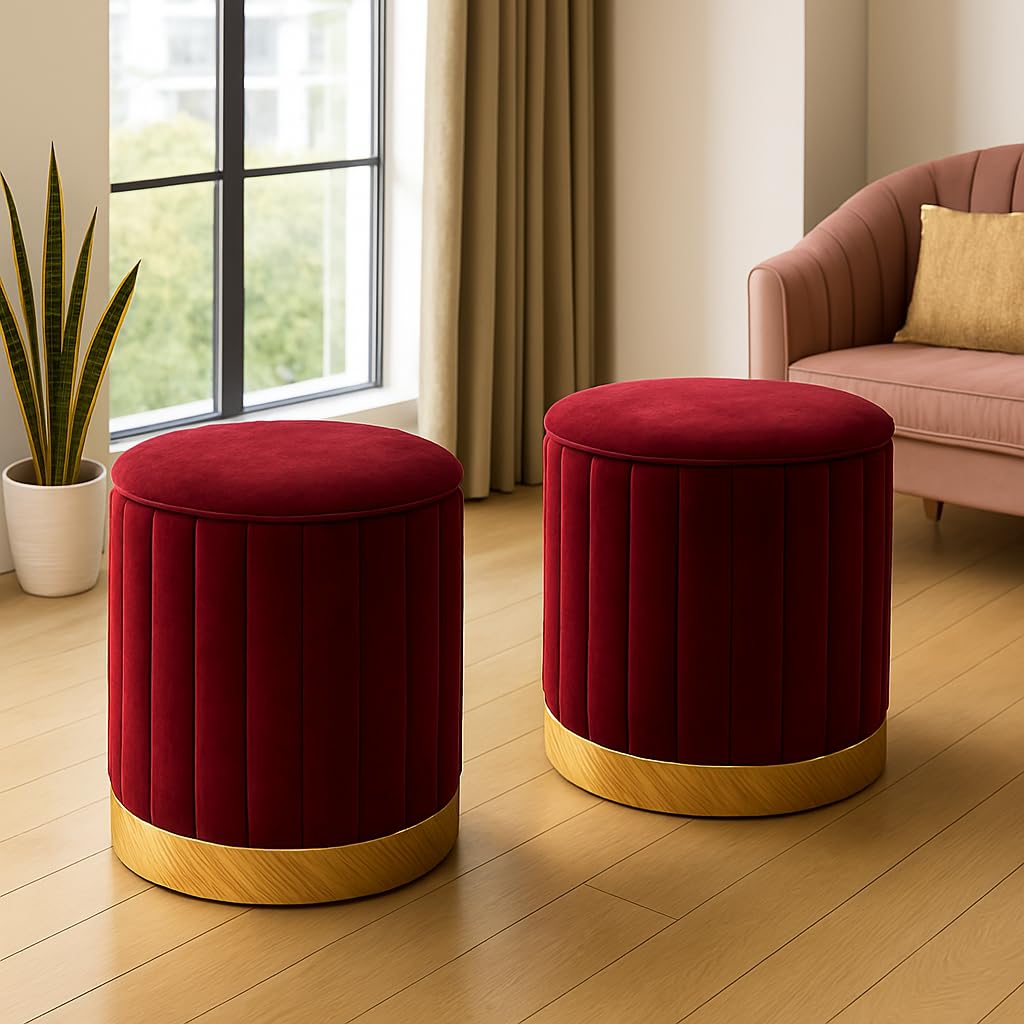 CRAFT DECOR Round Modern Flannel Material Ottoman Foot Rest Vanity Seat with Gold Metal Legs for Bedroom Living Room Vanity Stool Padded Seat Foot Rest Stool