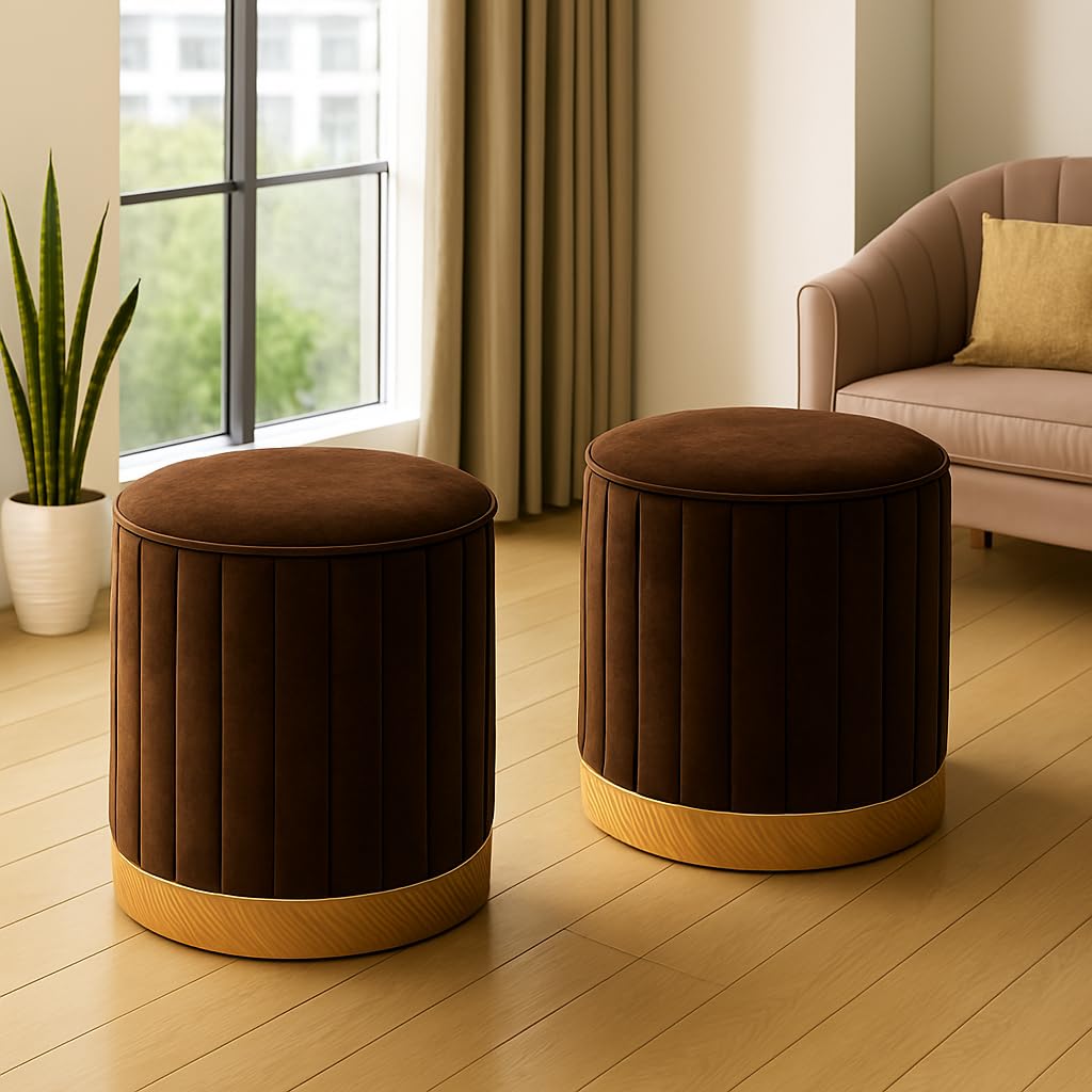 CRAFT DECOR Round Modern Flannel Material Ottoman Foot Rest Vanity Seat with Gold Metal Legs for Bedroom Living Room Vanity Stool Padded Seat Foot Rest Stool