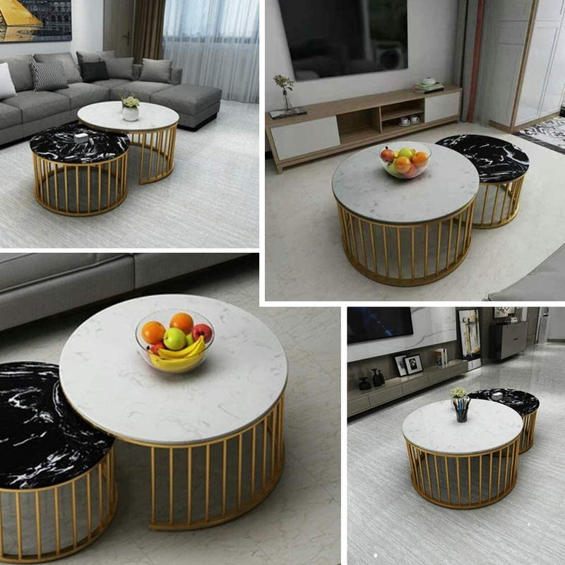 WOODWALLZ Center Table of 2 Tables,Coffee Table Round Tea Table Modern End Table Side Table with Sturdy Metal Legs for Living Room Lounge or Small Space (Black)