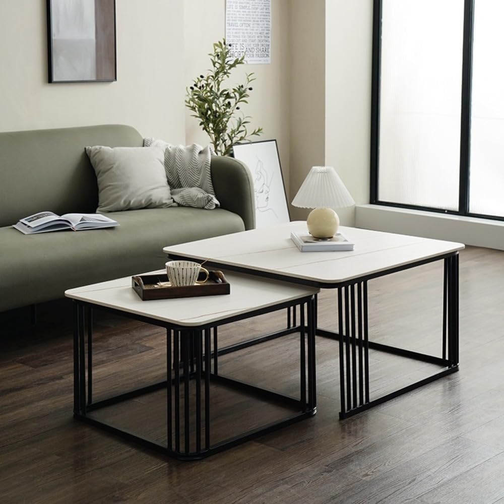 Elegant Iron Frame Handmade Square 20"x20" Coffee Table Set of 2 Piece, Marble Look Nesting Table/Side Table/Center Table for Living Room/Drawing Room/Balcony (Black & Grey)