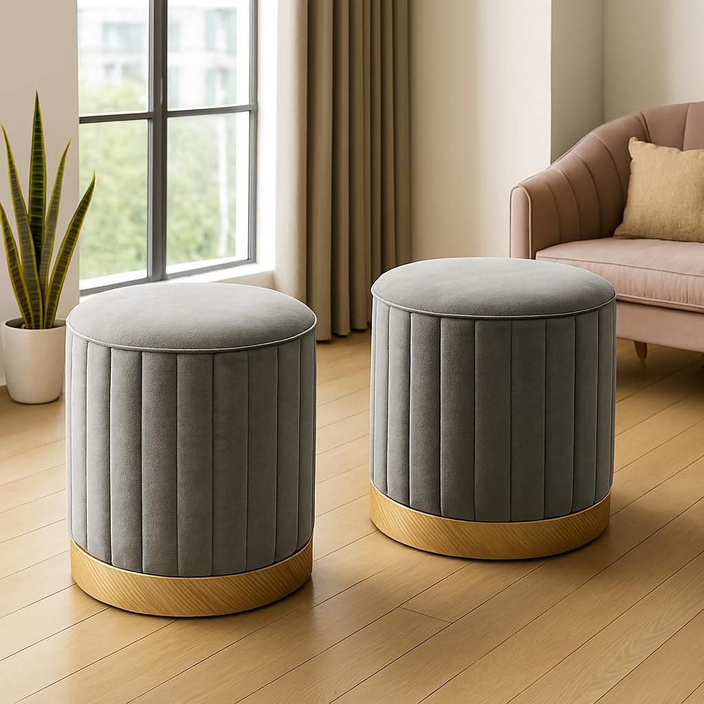 CRAFT DECOR Round Modern Flannel Material Ottoman Foot Rest Vanity Seat with Gold Metal Legs for Bedroom Living Room Vanity Stool Padded Seat Foot Rest Stool
