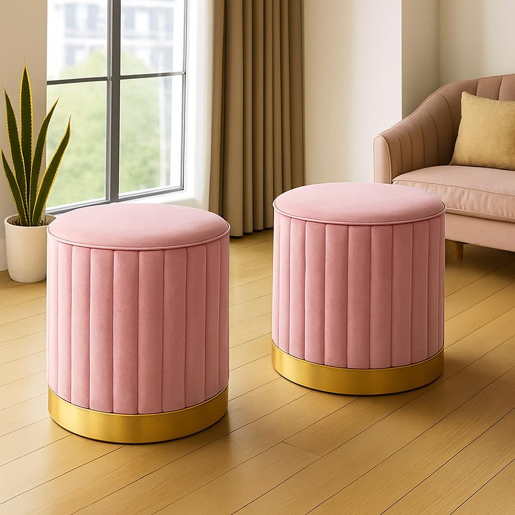 CRAFT DECOR Round Modern Flannel Material Ottoman Foot Rest Vanity Seat with Gold Metal Legs for Bedroom Living Room Vanity Stool Padded Seat Foot Rest Stool