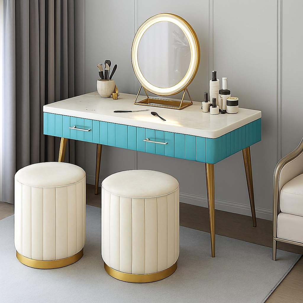 CRAFT DECOR Round Modern Flannel Material Ottoman Foot Rest Vanity Seat with Gold Metal Legs for Bedroom Living Room Vanity Stool Padded Seat Foot Rest Stool