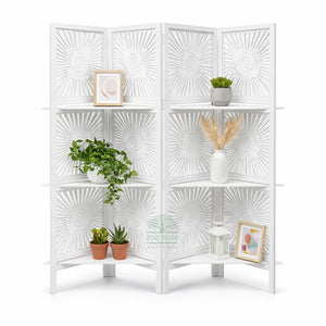 Wooden Room Divider 6 Feet, 4-Panel Folding Wooden Partition for Living Room, Office, Pooja Room, Restaurant, Kitchen & Balcony (2W x 1.82H Meters). (White-Cone Pattern)