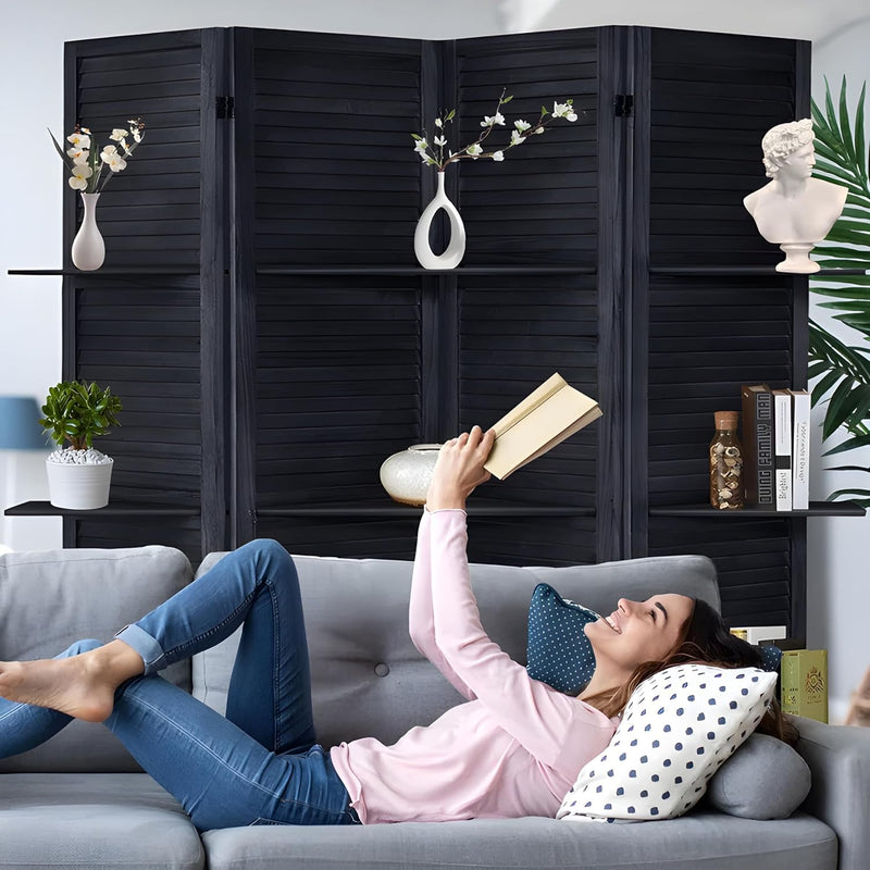 KRAFTEE Wooden Room Divider Partition-Foldable Wood Screen Divider for Office, Restaurant, Living Room, Bedroom, and Patti Design - Four Panels with Three Shelves-Black