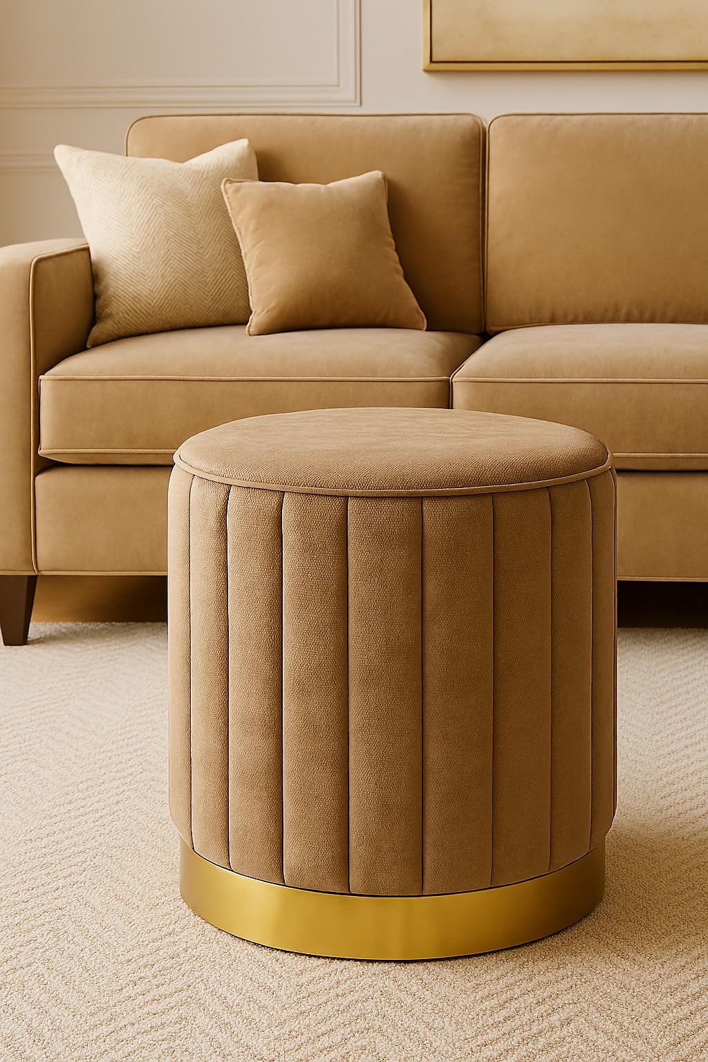 CRAFT DECOR Round Modern Flannel Material Ottoman Foot Rest Vanity Seat with Gold Metal Legs for Bedroom Living Room Vanity Stool Padded Seat Foot Rest Stool