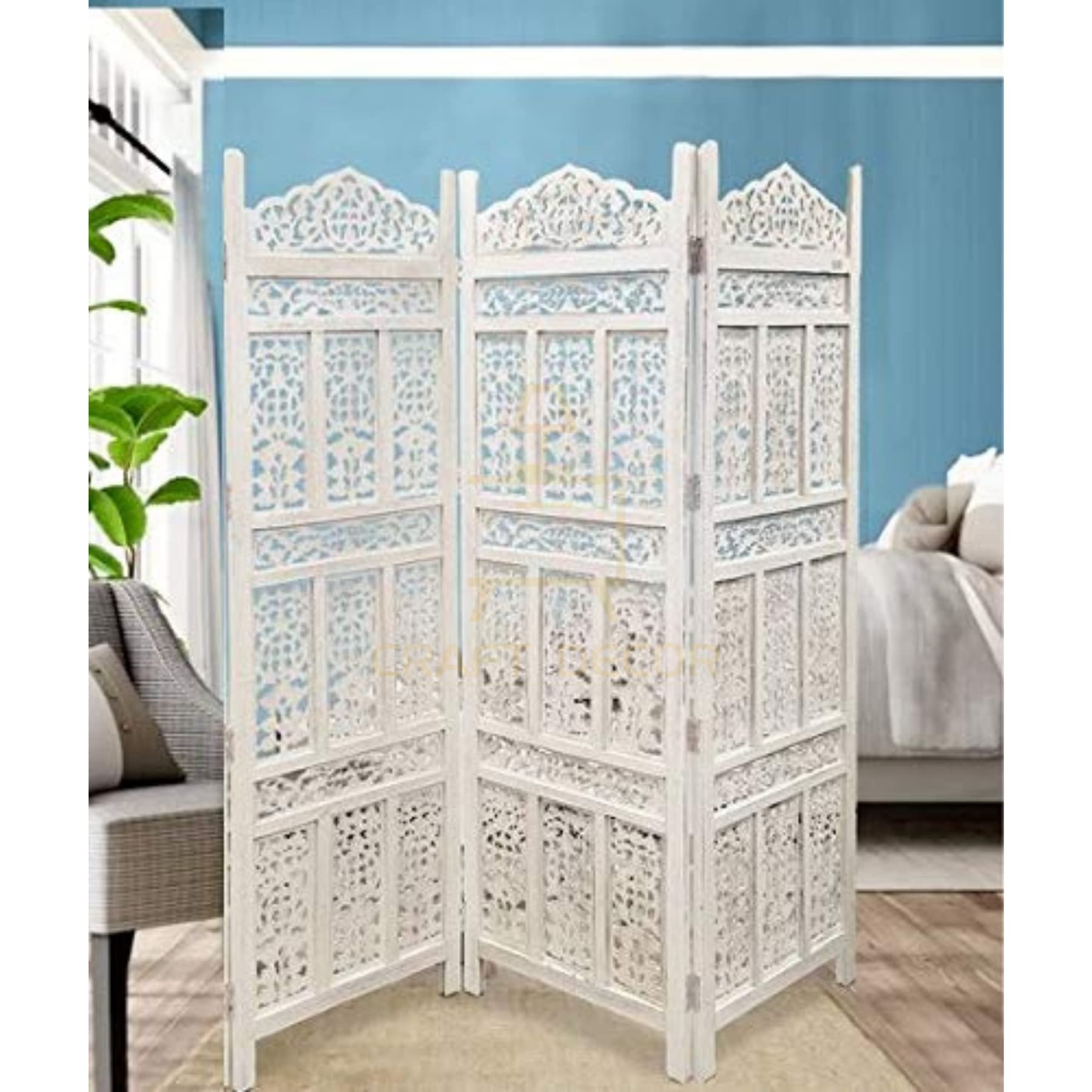 CRAFT DECOR Wooden Room Partition for Living Rooms with Stand/Wooden Screen Separator/Room Wall Divider 3 Panels Living Room/Bedroom/Office/Restaurant(White)