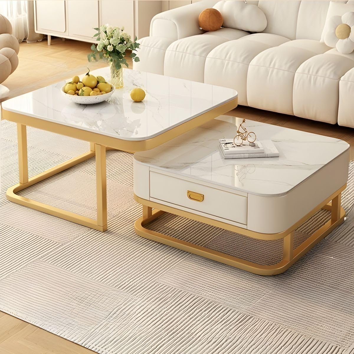 EXPRESSOW ENTERPRISES Metal Frame 20X20 Square Set of 2 Coffee Tables, Stacking Center Tables with Minimalist Marbles Look and Storage Drawer for Living Room Bedroom or Apartments (Golden)