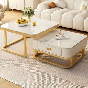 EXPRESSOW ENTERPRISES Metal Frame 20X20 Square Set of 2 Coffee Tables, Stacking Center Tables with Minimalist Marbles Look and Storage Drawer for Living Room Bedroom or Apartments (Golden)