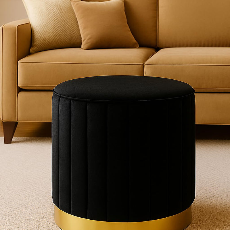 CRAFT DECOR Round Modern Flannel Material Ottoman Foot Rest Vanity Seat with Gold Metal Legs for Bedroom Living Room Vanity Stool Padded Seat Foot Rest Stool