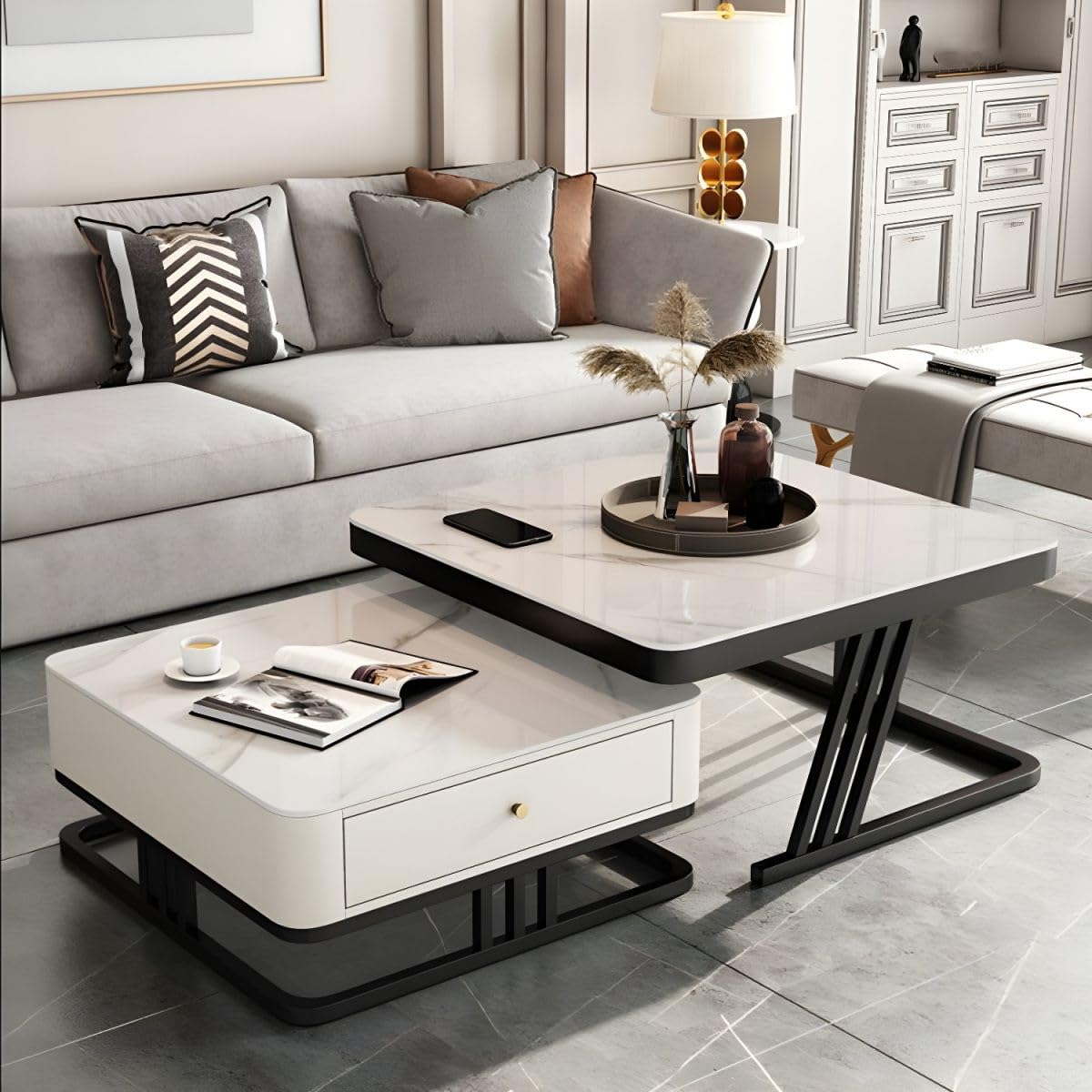 CRAFT DECOR Modest Marbled Finish Square Coffee Table Set of 2 Nesting Stacking Tea Tables Luxury Sofa Center Table with Wooden Drawer and Gold Metal Frame for Living Room Bedroom