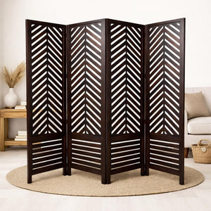 Wooden Room Divider 6 Feet, 4-Panel Folding Wooden Partition for Living Room, Office, Pooja Room, Restaurant, Kitchen & Balcony (2W x 1.82H Meters). (White-Cone Pattern)