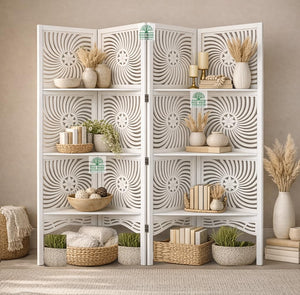 Wooden Room Divider 6 Feet, 4-Panel Folding Wooden Partition for Living Room, Office, Pooja Room, Restaurant, Kitchen & Balcony (2W x 1.82H Meters). (White-Cone Pattern)