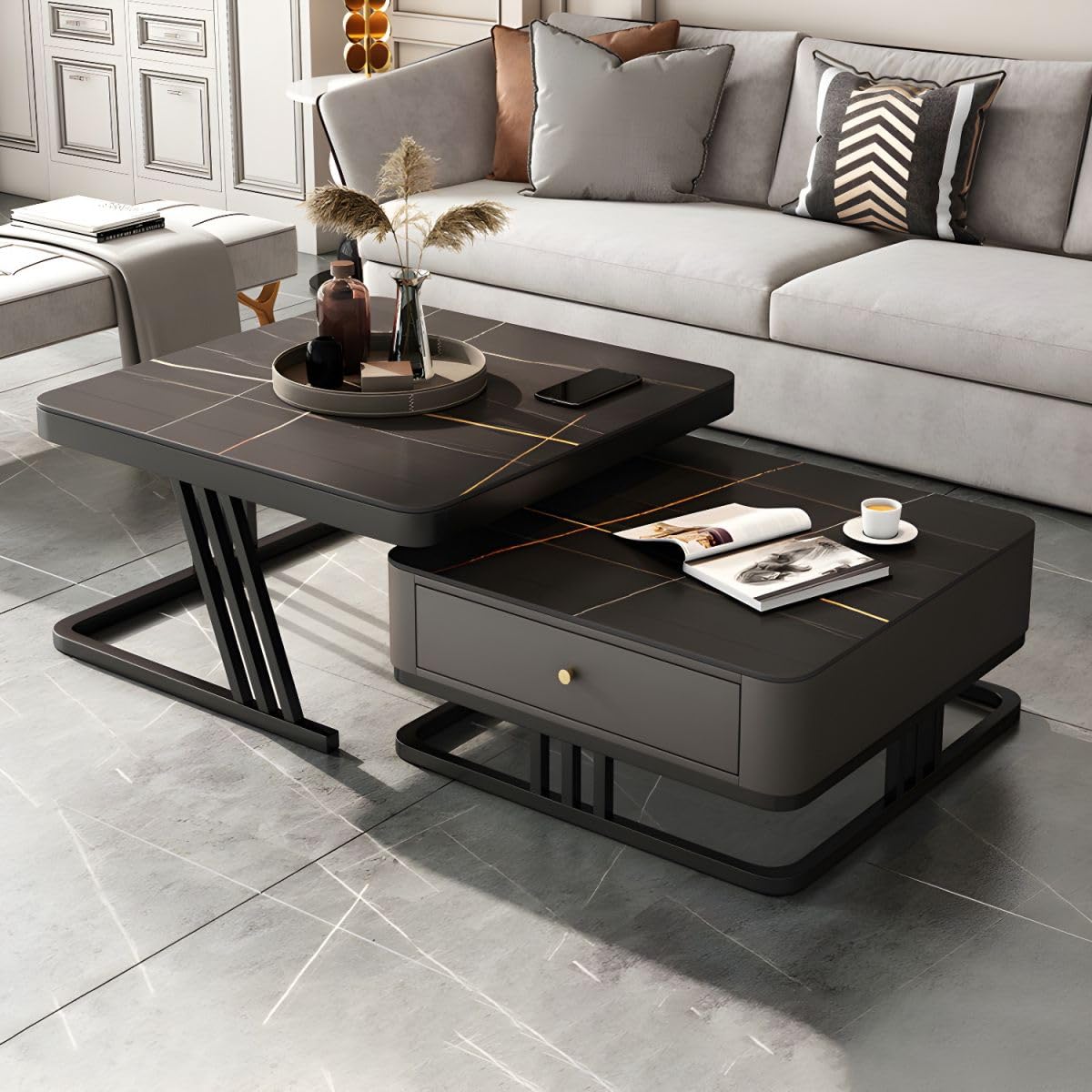 CRAFT DECOR Modest Marbled Finish Square Coffee Table Set of 2 Nesting Stacking Tea Tables Luxury Sofa Center Table with Wooden Drawer and Gold Metal Frame for Living Room Bedroom